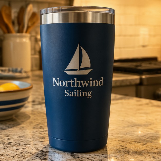 Customer photo of a custom sailing club tumbler